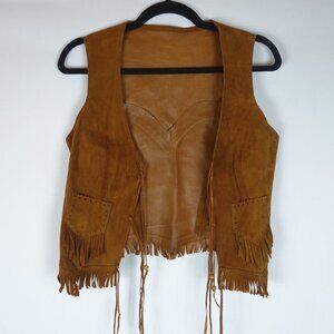 Vintage Southwestern Leather Fringe Native American Vest w/ Beads, Size XS